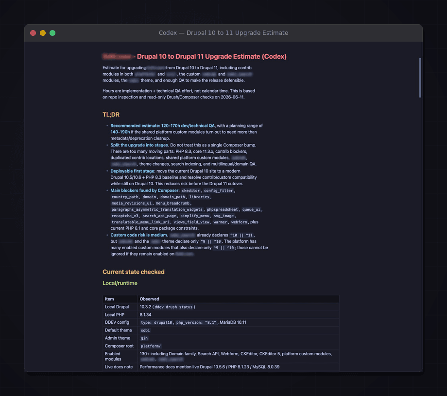 Codex estimate with TL;DR section, staging plan and verified local environment