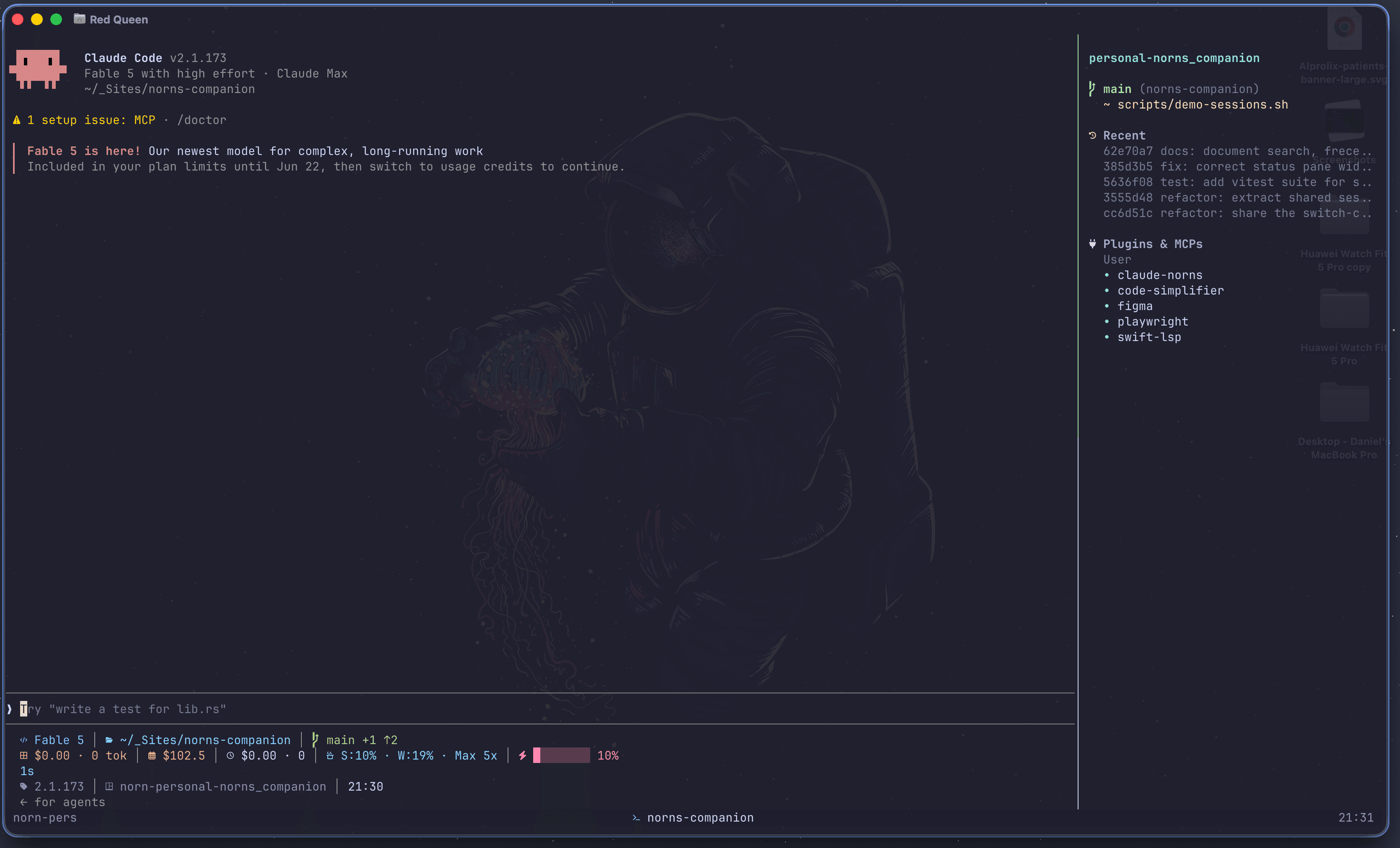 Claude Code running in a norn session, with the status pane unfolded on the right