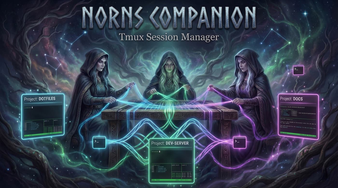 The project banner: three norns spinning glowing threads into tmux sessions