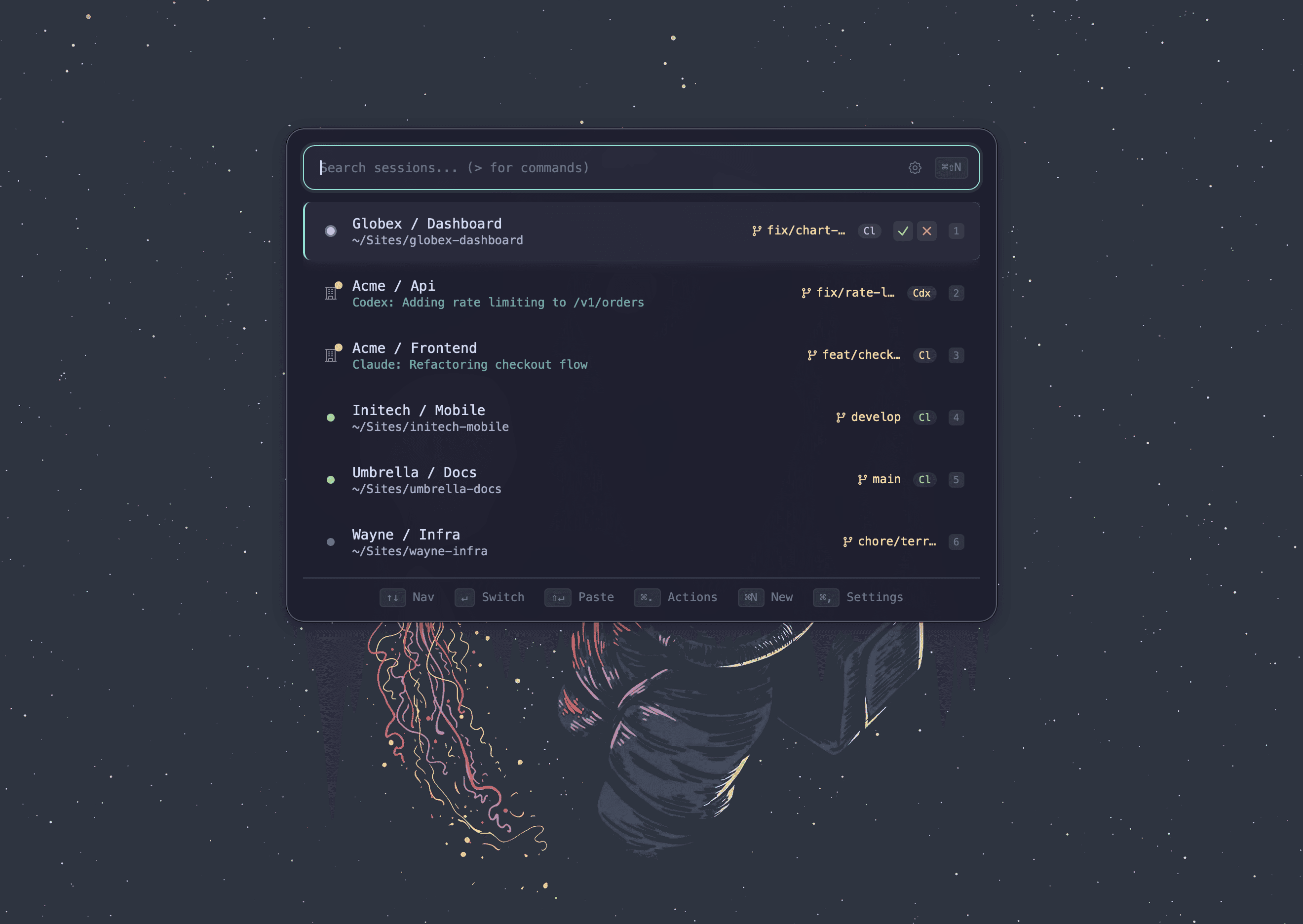 Norns Companion open on top of the desktop, with all sessions and their status in one list
