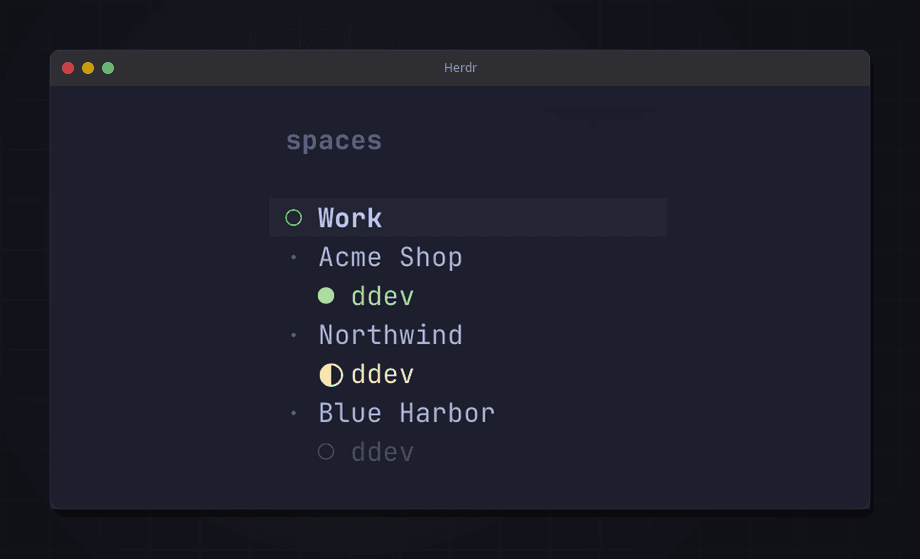 Sidopanelen i Herdr med en ddev-markering under varje workspace
